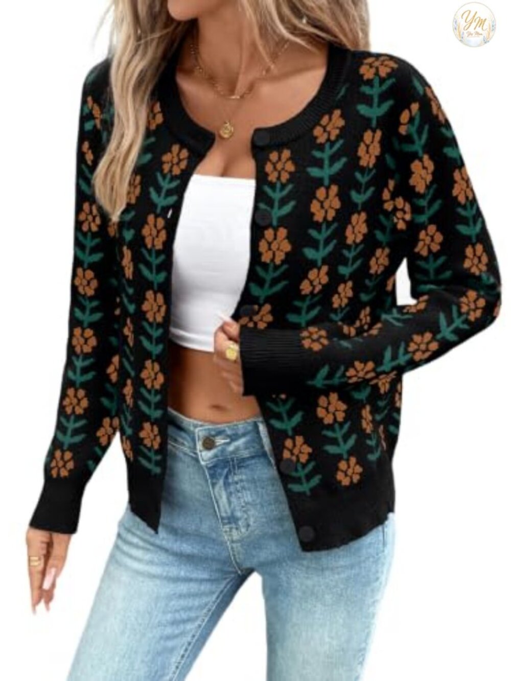 Womens Cropped Knit Cardigan Sweater Button Down Crewneck Long Sleeve